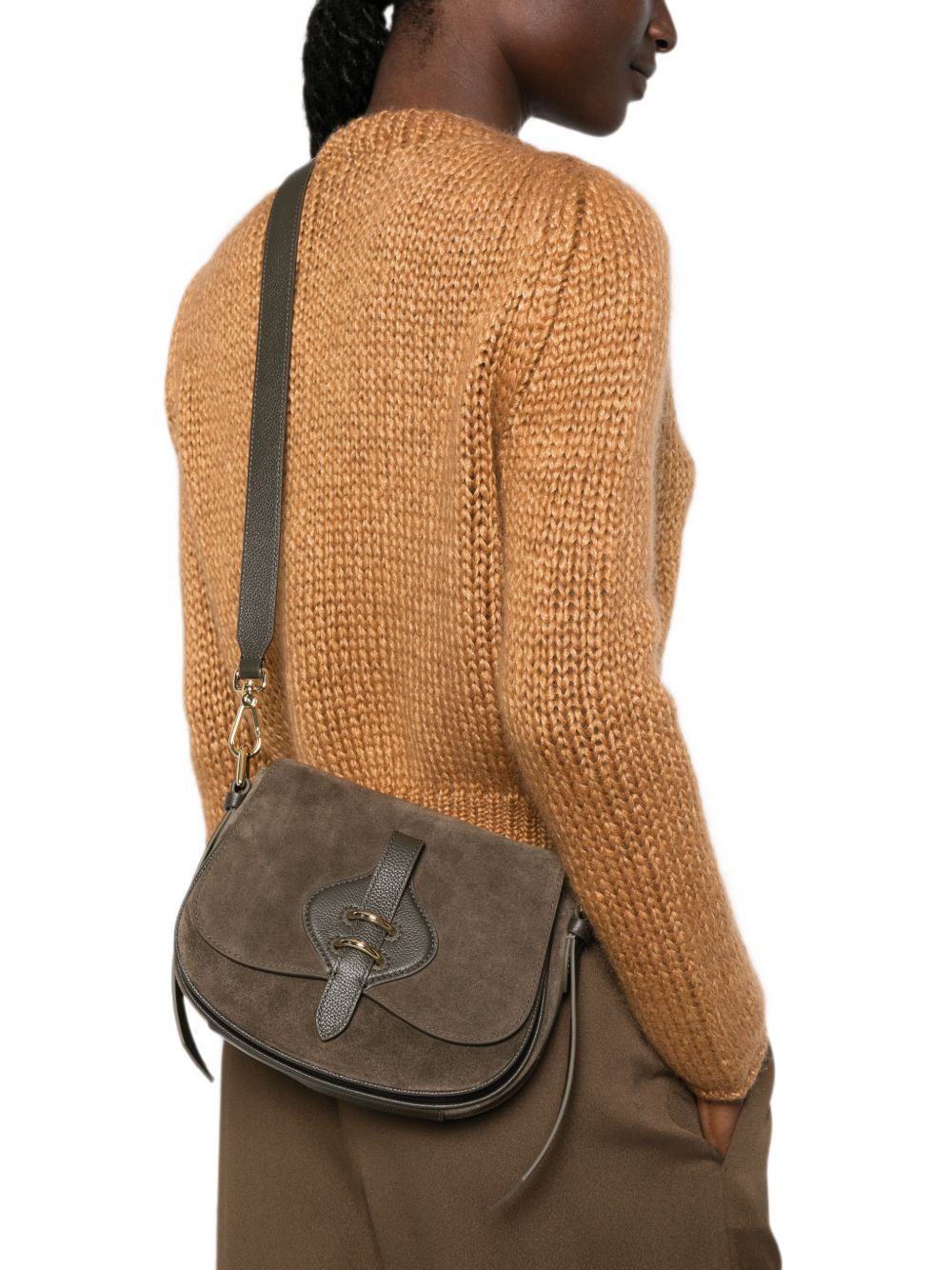 COCCINELLE Borsa a tracolla crossbody in pelle suede marrone fango 