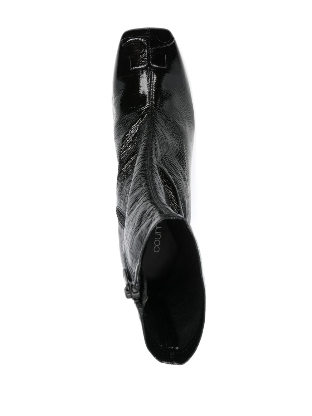 COURREGES Stivaletti in pelle nera lucida con placca logo 