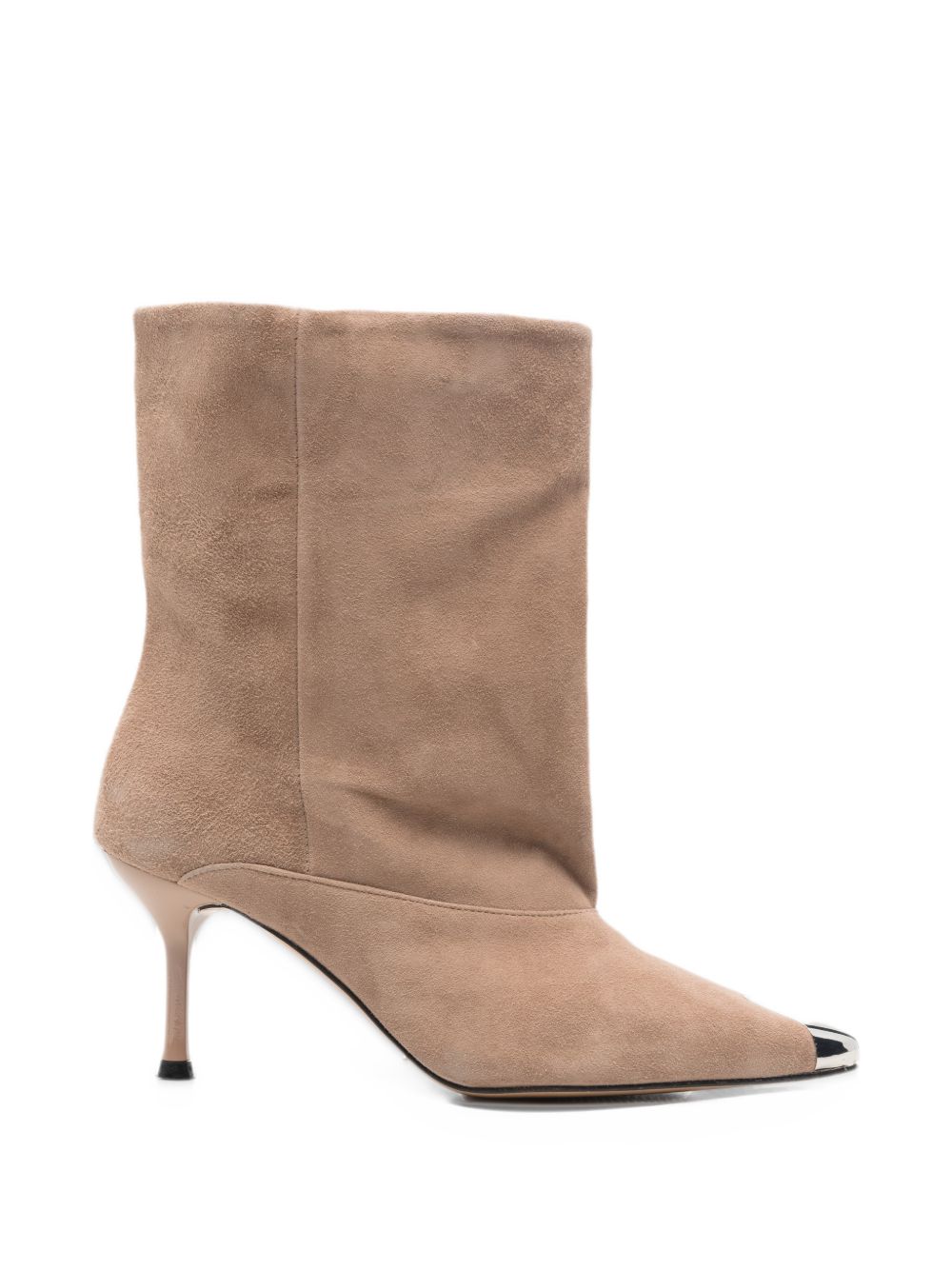 DIVINE FOLLIE Stivaletti scamosciati beige con tacco e punta metallica 