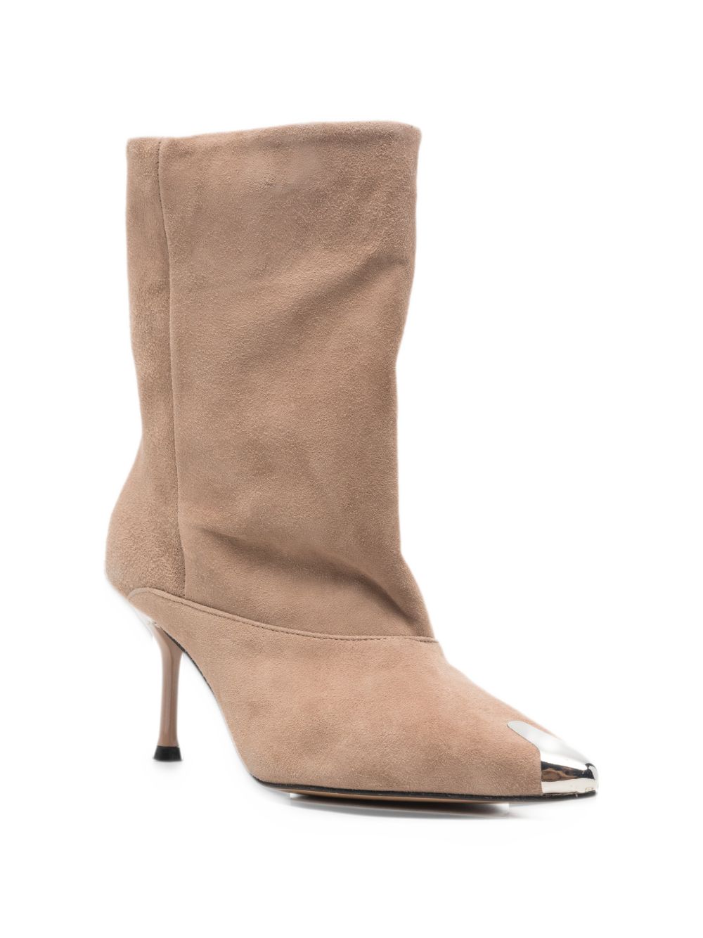 DIVINE FOLLIE Stivaletti scamosciati beige con tacco e punta metallica 