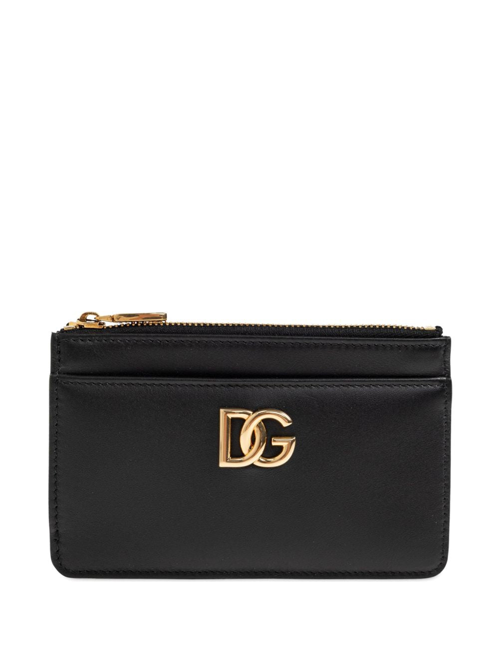 DOLCE e GABBANA Portacarte in pelle nera con zip e logo DG dorato 