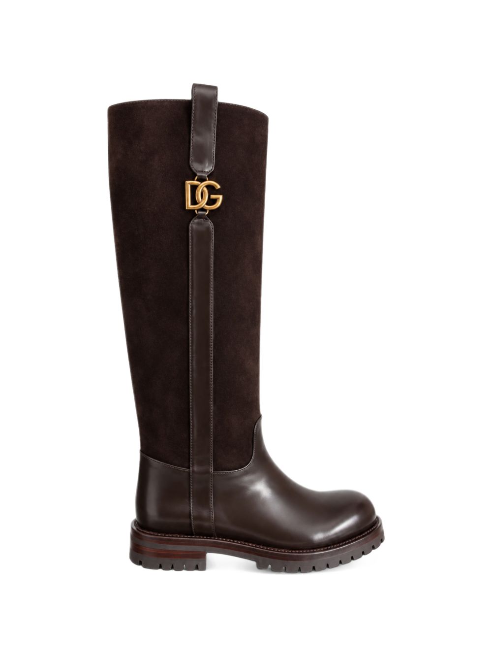 DOLCE e GABBANA Stivali alti in pelle e suede con placca logo dorata 