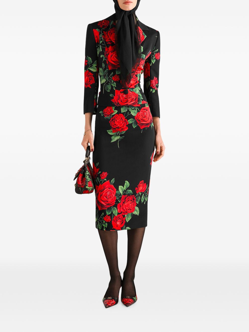 DOLCE e GABBANA Gonna midi "Rose" in seta elasticizzata nera 