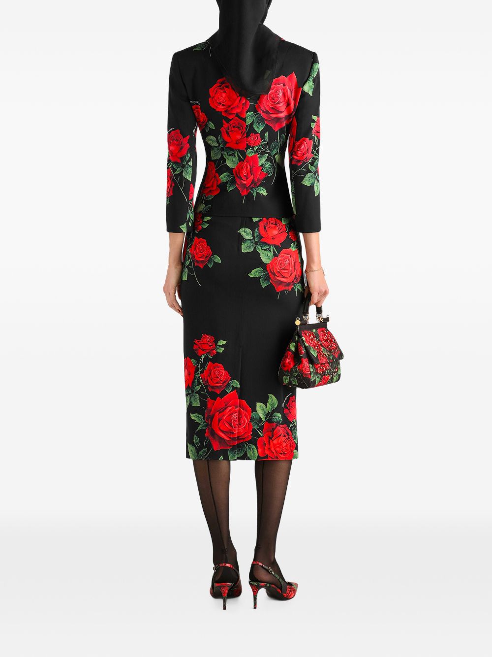 DOLCE e GABBANA Gonna midi "Rose" in seta elasticizzata nera 