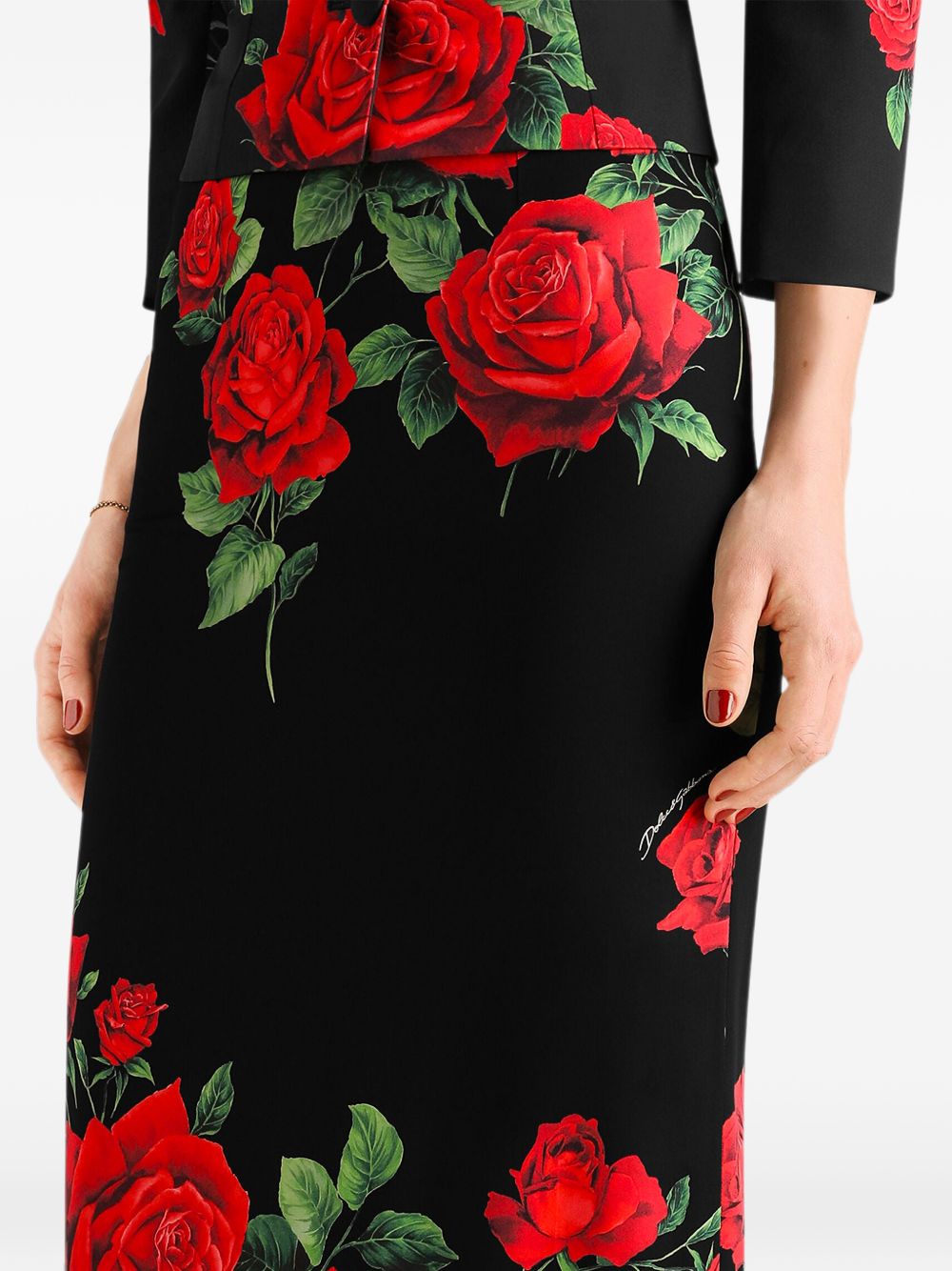 DOLCE e GABBANA Gonna midi "Rose" in seta elasticizzata nera 