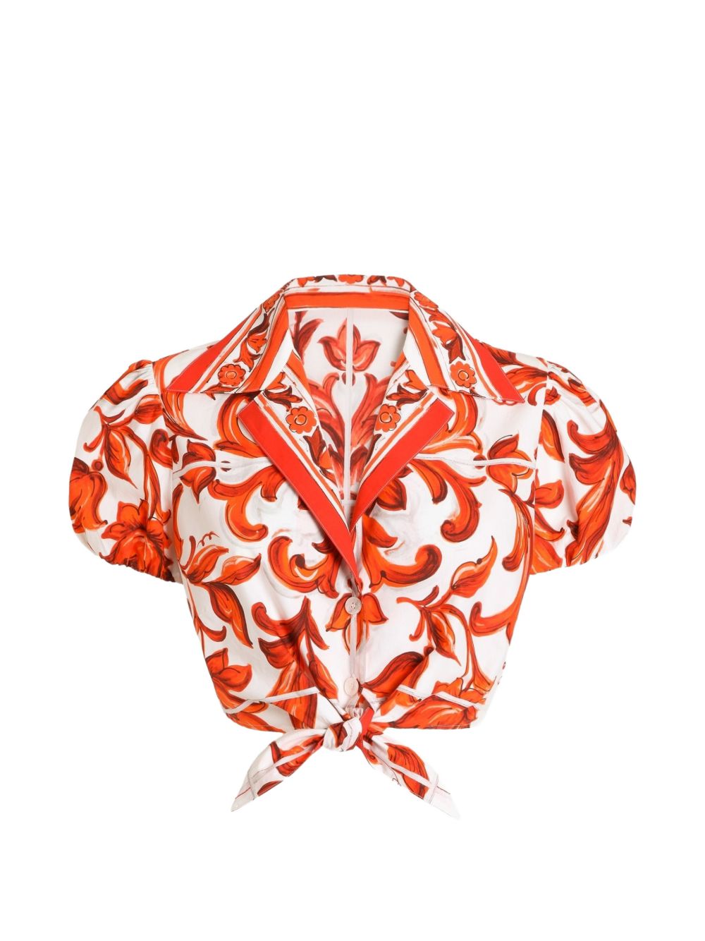 DOLCE e GABBANA Camicia in popeline con stampa Maiolica bianca e arancione 