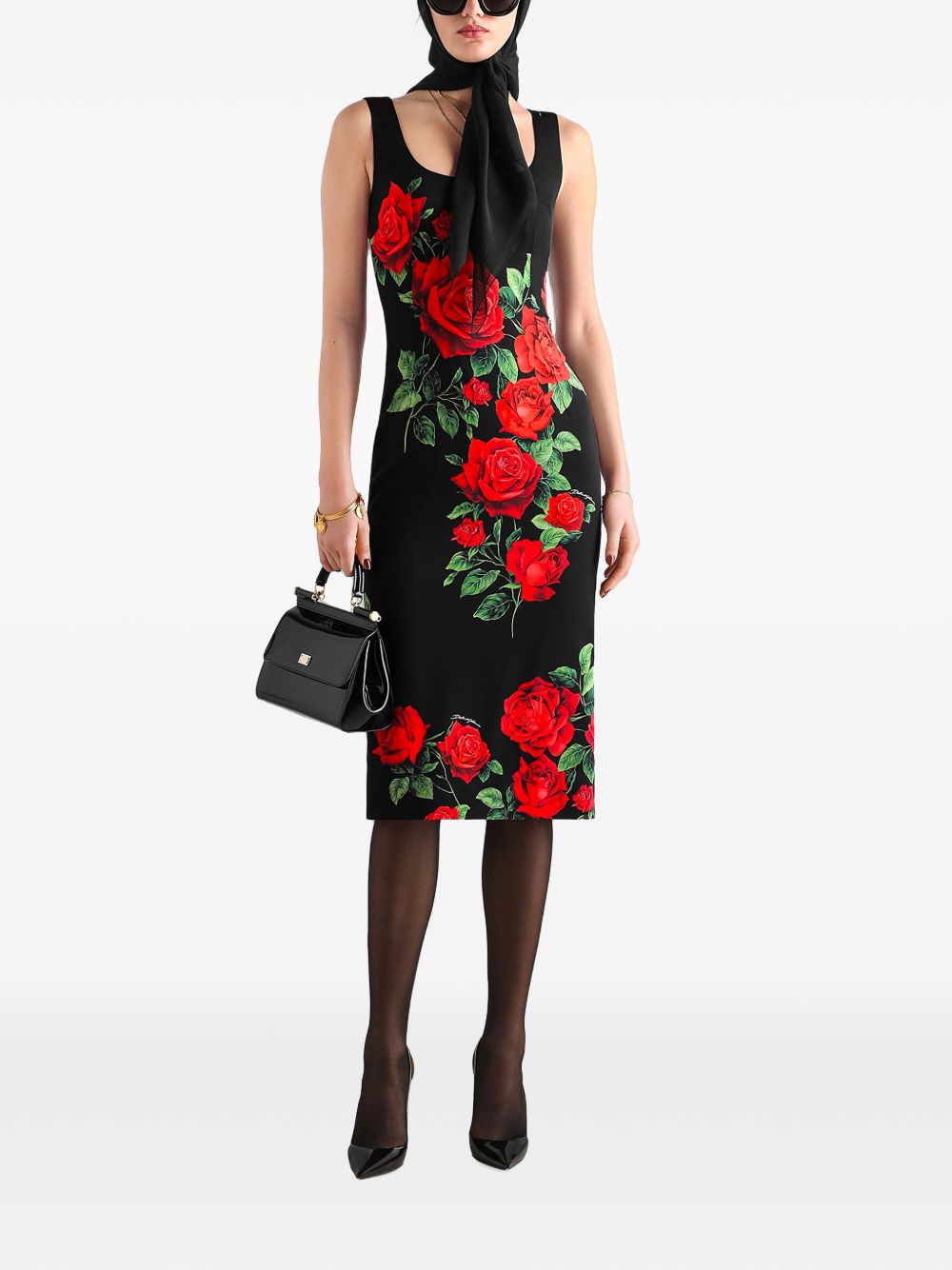 DOLCE e GABBANA Abito midi in seta nera con stampa floreale 