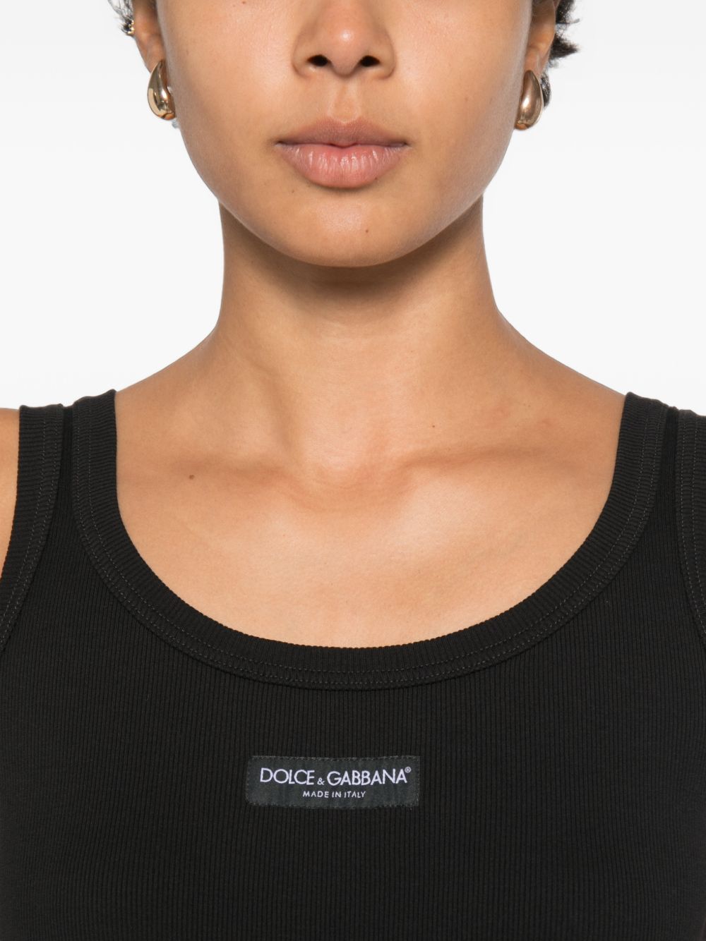 DOLCE e GABBANA Canotta nera in cotone a costine con logo 
