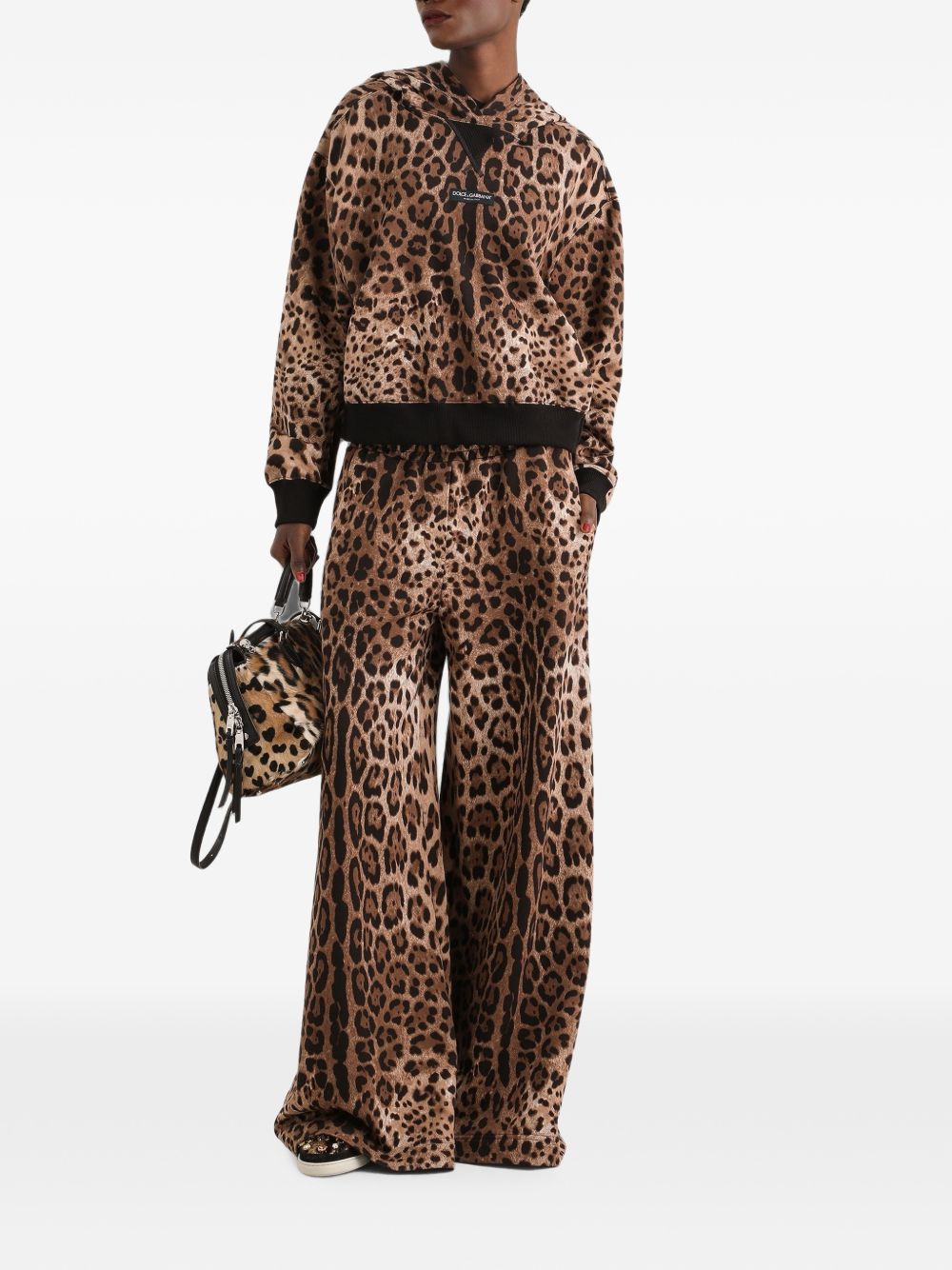 DOLCE e GABBANA Felpa con cappuccio in cotone con stampa animalier marrone 