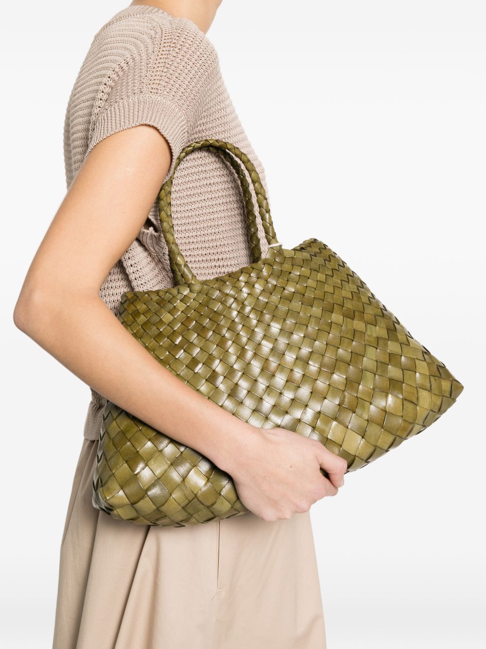 DRAGON DIFFUSION Borsa tote Santa Croce Small in pelle intrecciata verde Khaki 