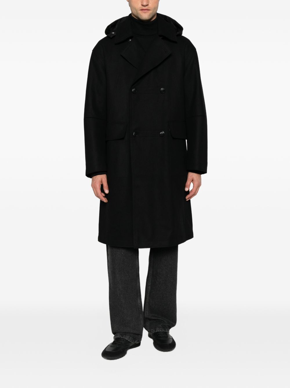 DUNO Cappotto Doppiopetto Nero in Lana e Cashmere 