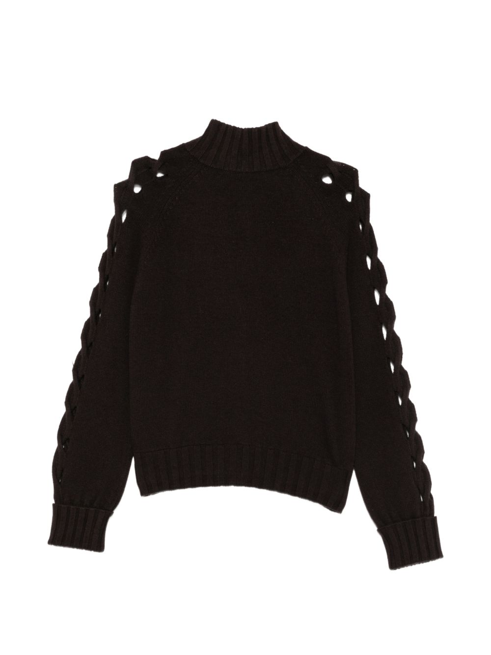 D EXTERIOR Maglia marrone con zip e dettagli cut-out intrecciati sulle maniche 