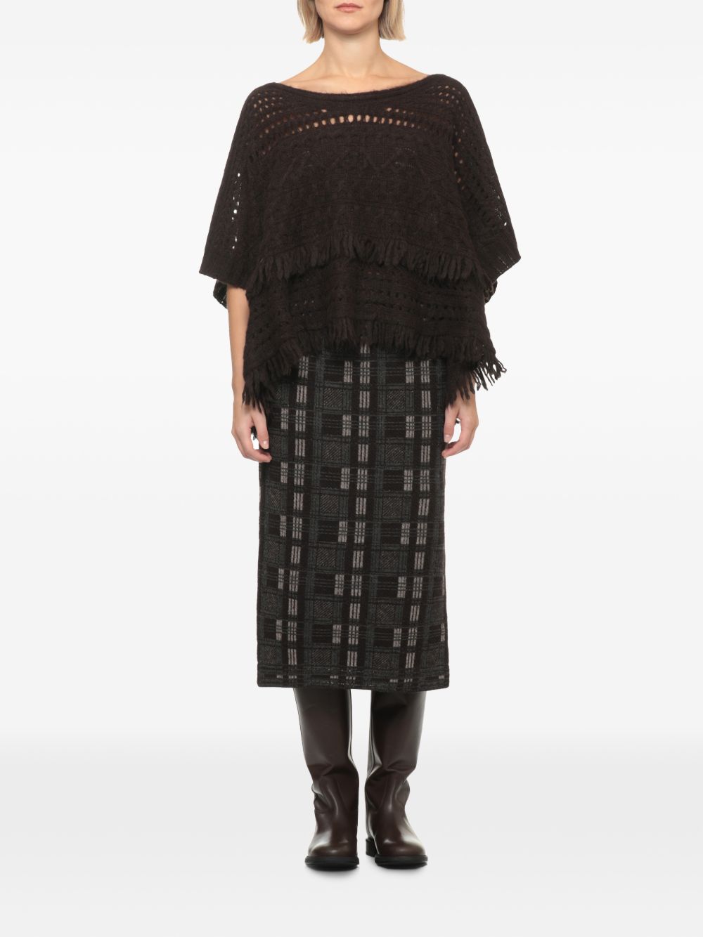 D EXTERIOR Poncho marrone in maglia traforata di lana 