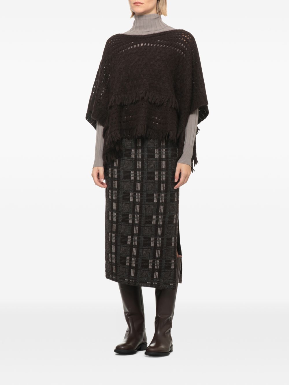 D EXTERIOR Poncho marrone in maglia traforata di lana 