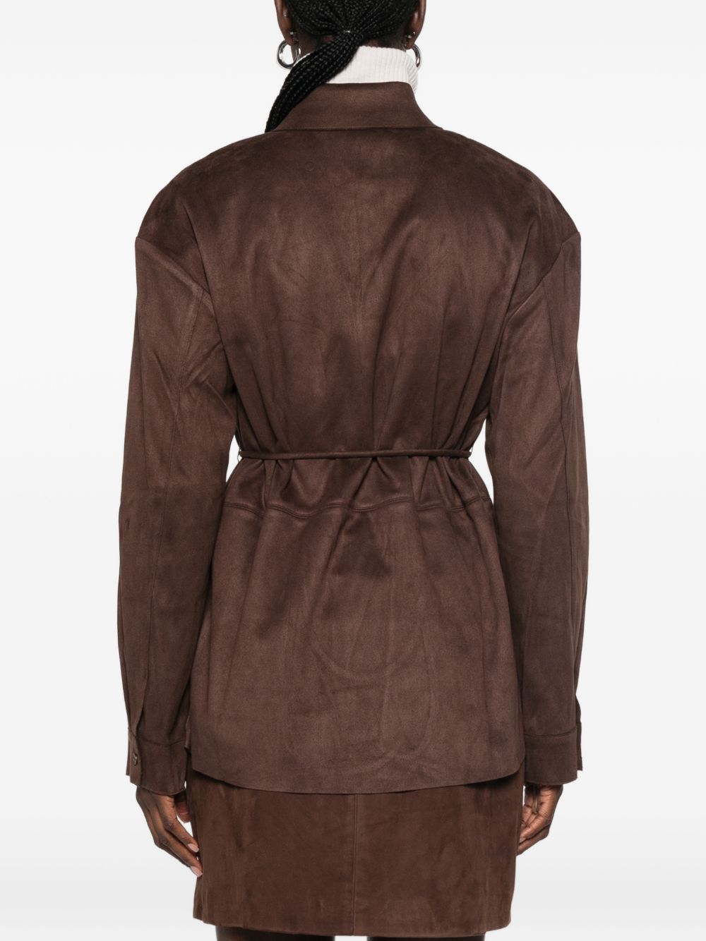 ELEH Camicia oversize in ecopelle scamosciata testa di moro con cintura 