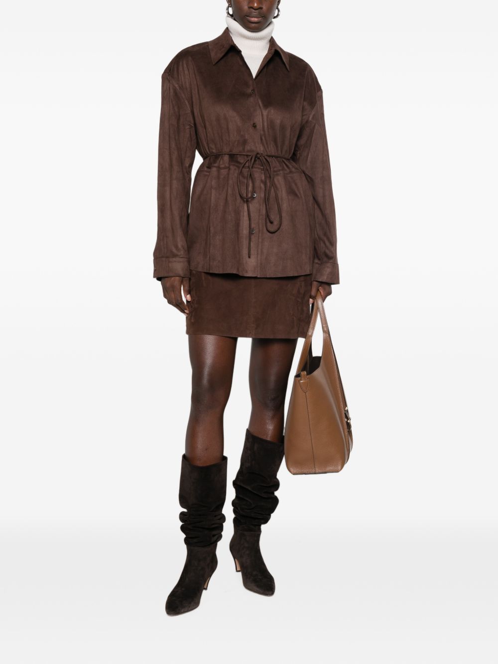 ELEH Camicia oversize in ecopelle scamosciata testa di moro con cintura 