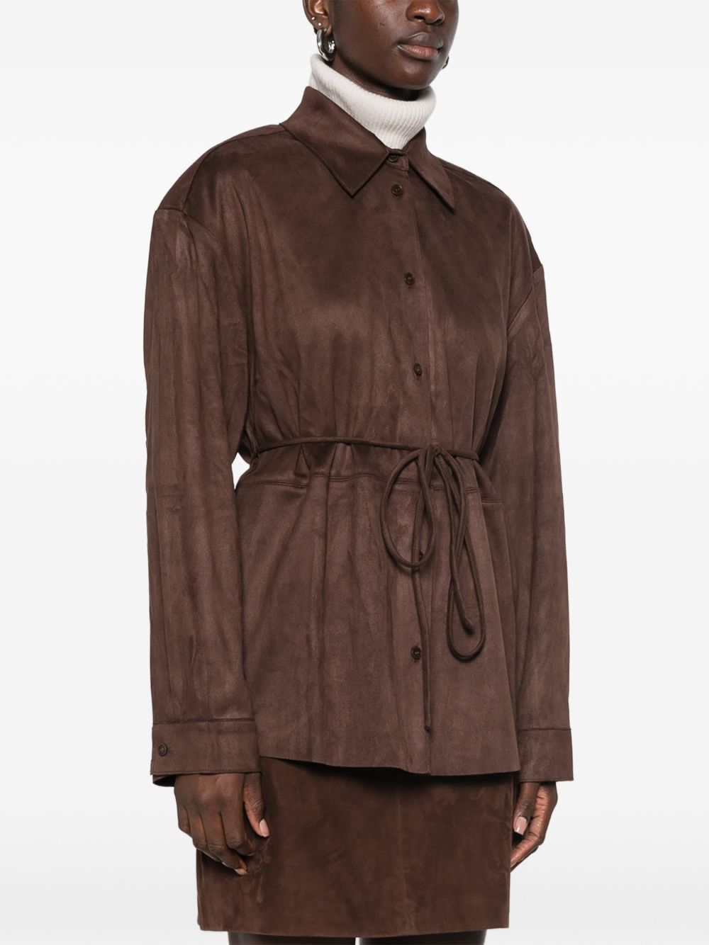 ELEH Camicia oversize in ecopelle scamosciata testa di moro con cintura 