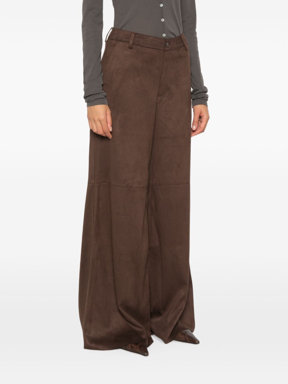 ELEH Pantaloni wide leg marrone scuro effetto suede 