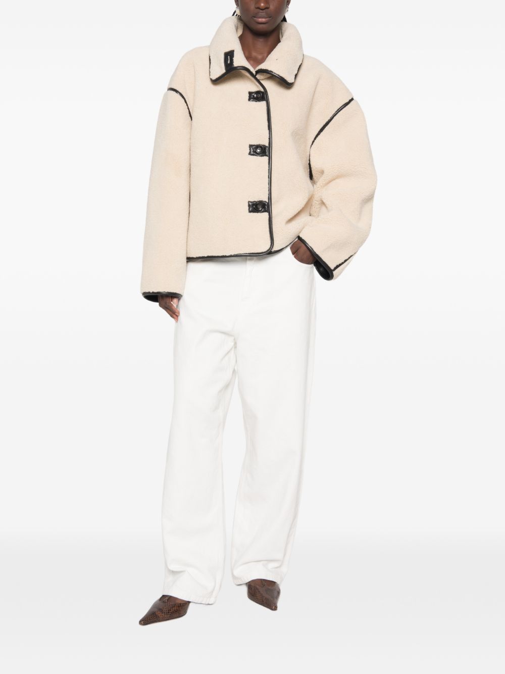 ELEH Giacca in ecopelliccia effetto shearling color crema con bordi a contrasto 