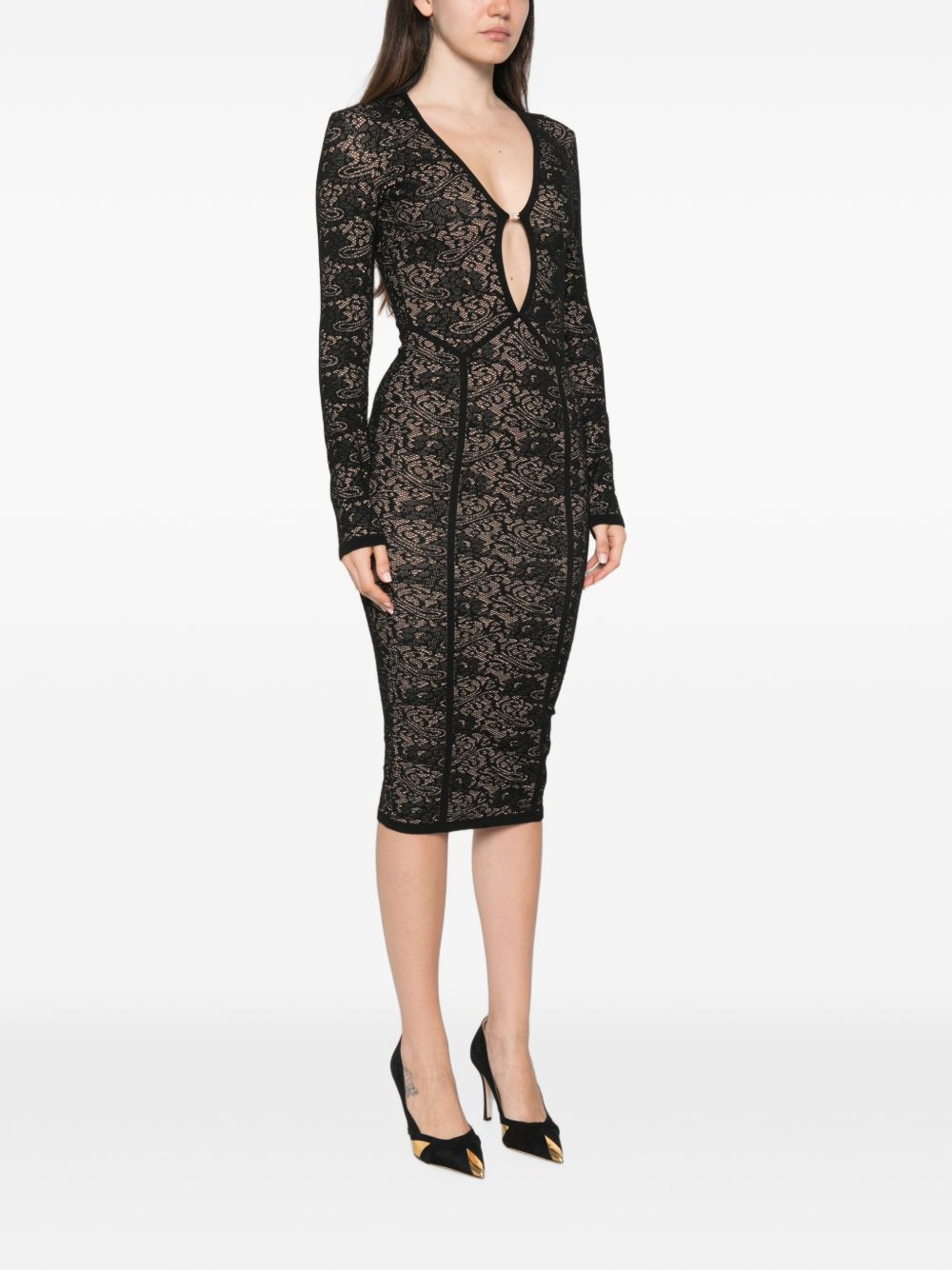 ELISABETTA FRANCHI Abito elegante in pizzo nero foderato con scollo a V 