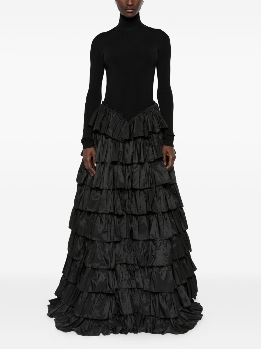 ELISABETTA FRANCHI Abito Lungo Nero con Gonna a Balze 