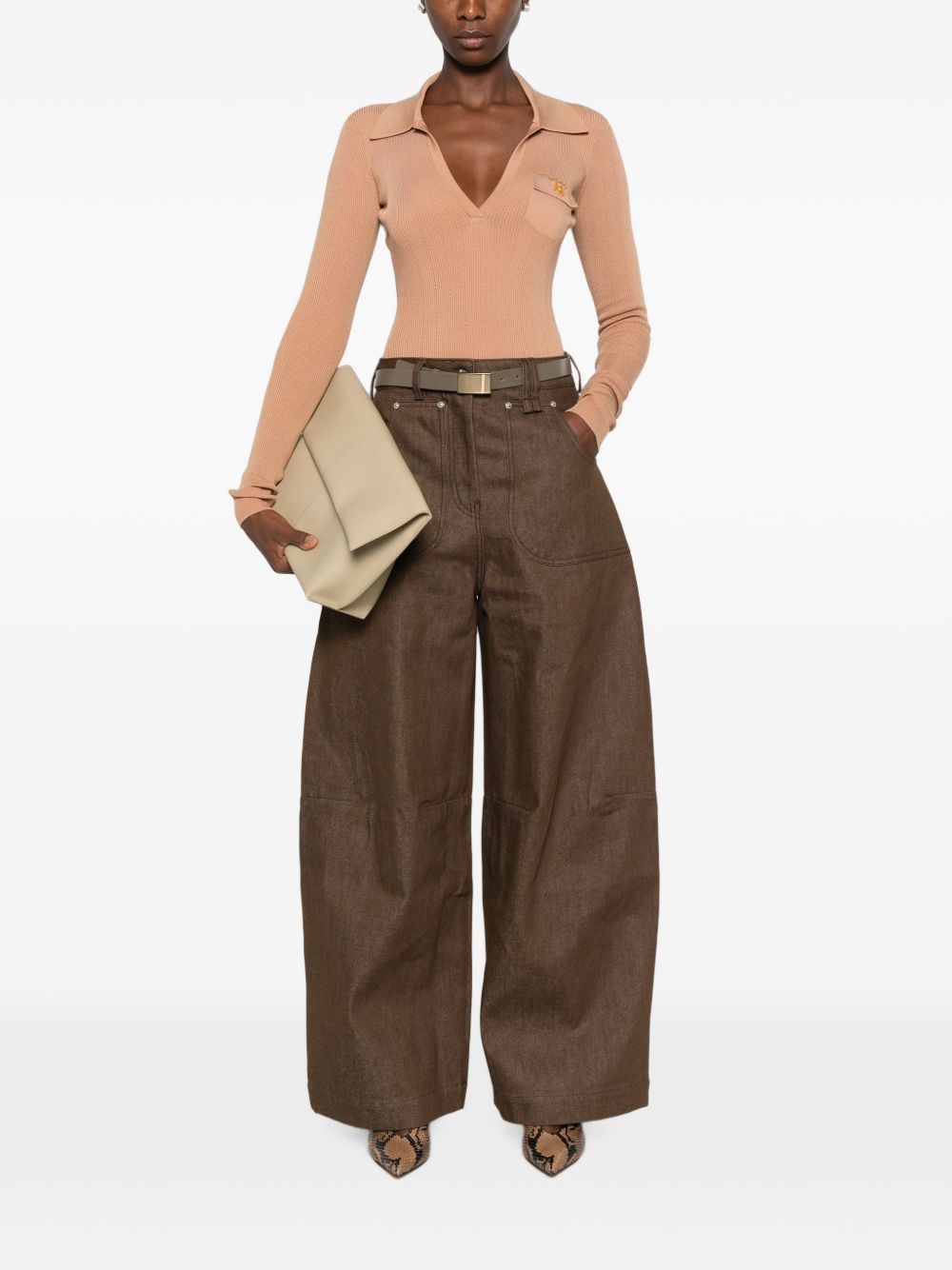 ELISABETTA FRANCHI Body rosa cipria con scollo a V e taschino frontale 