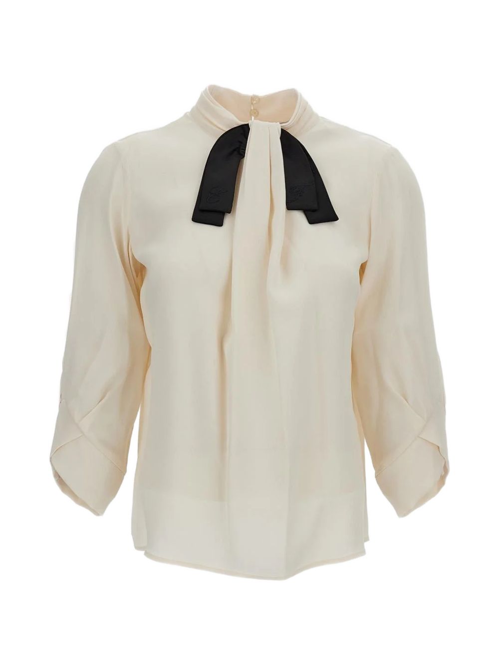 ELISABETTA FRANCHI Camicia beige morbida con fiocco nero al collo 