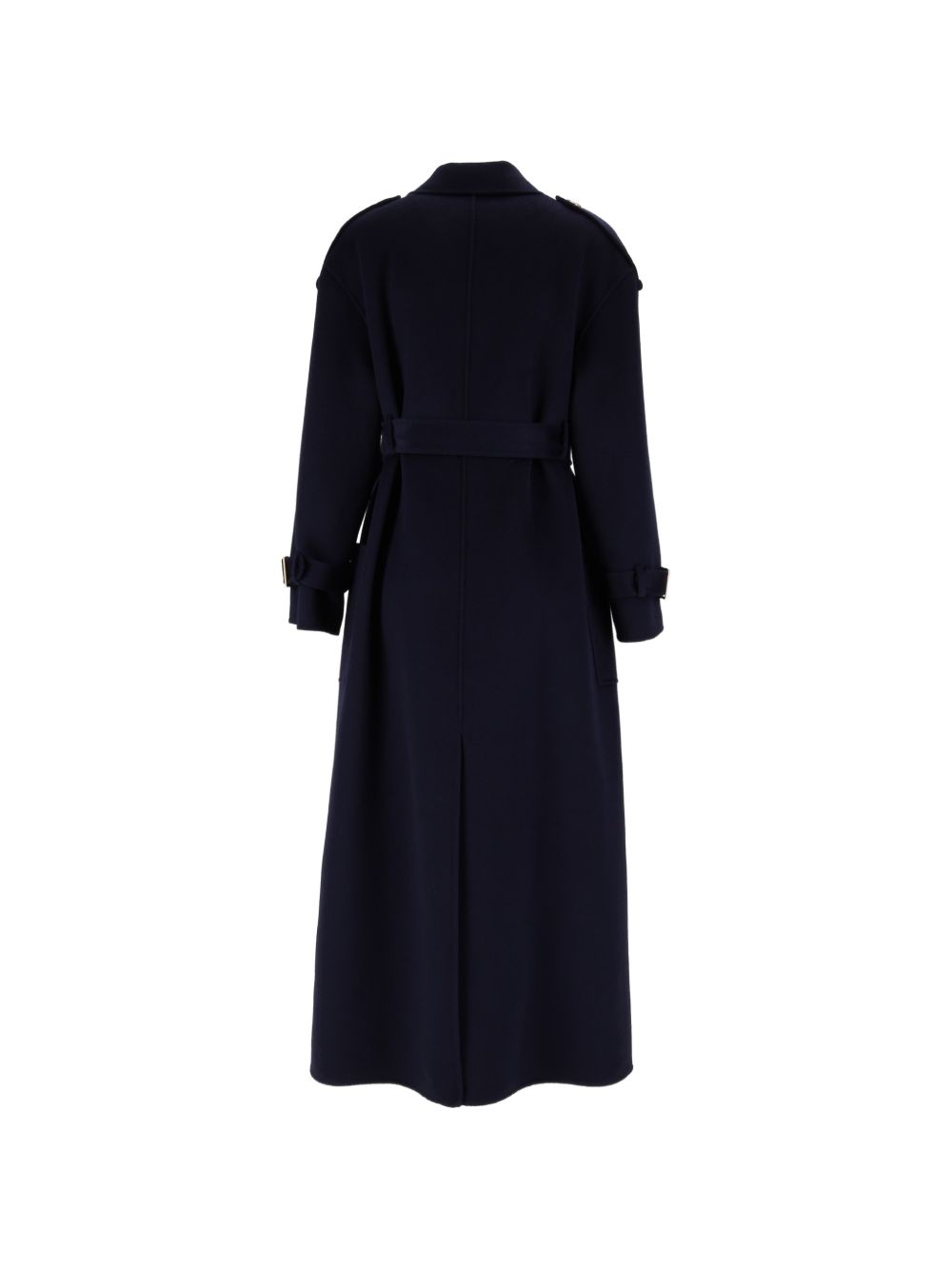 ELISABETTA FRANCHI Cappotto doppiopetto blu in lana con cintura e bottoni dorati 