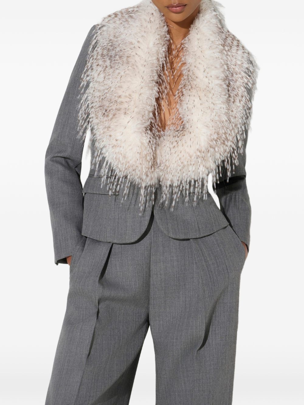 ELISABETTA FRANCHI Blazer grigio chiaro in lana con collo in ecopelliccia 