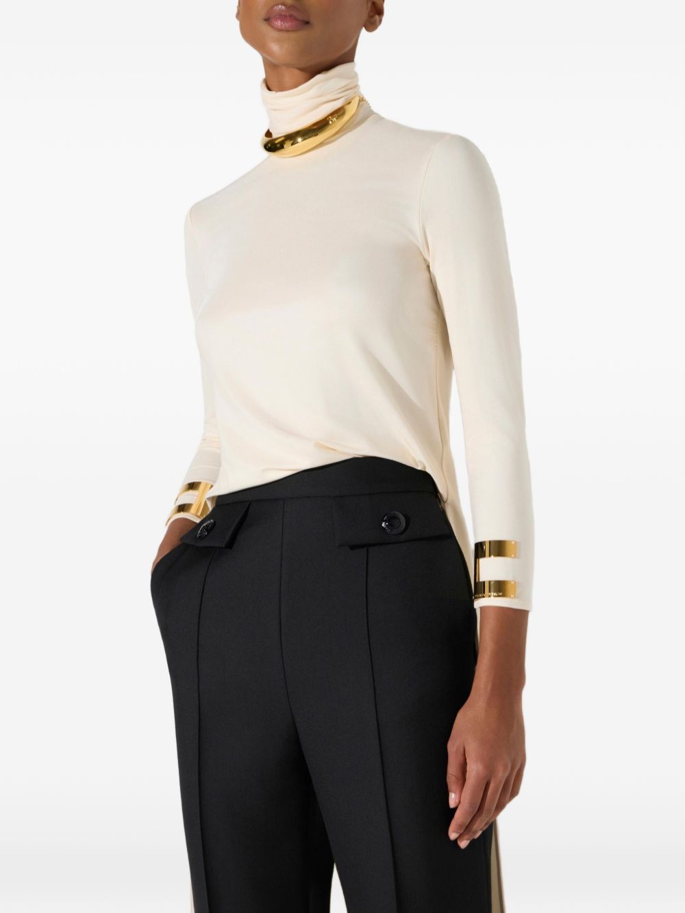 ELISABETTA FRANCHI Maglia a collo alto con placche dorate ed elegante strascico 