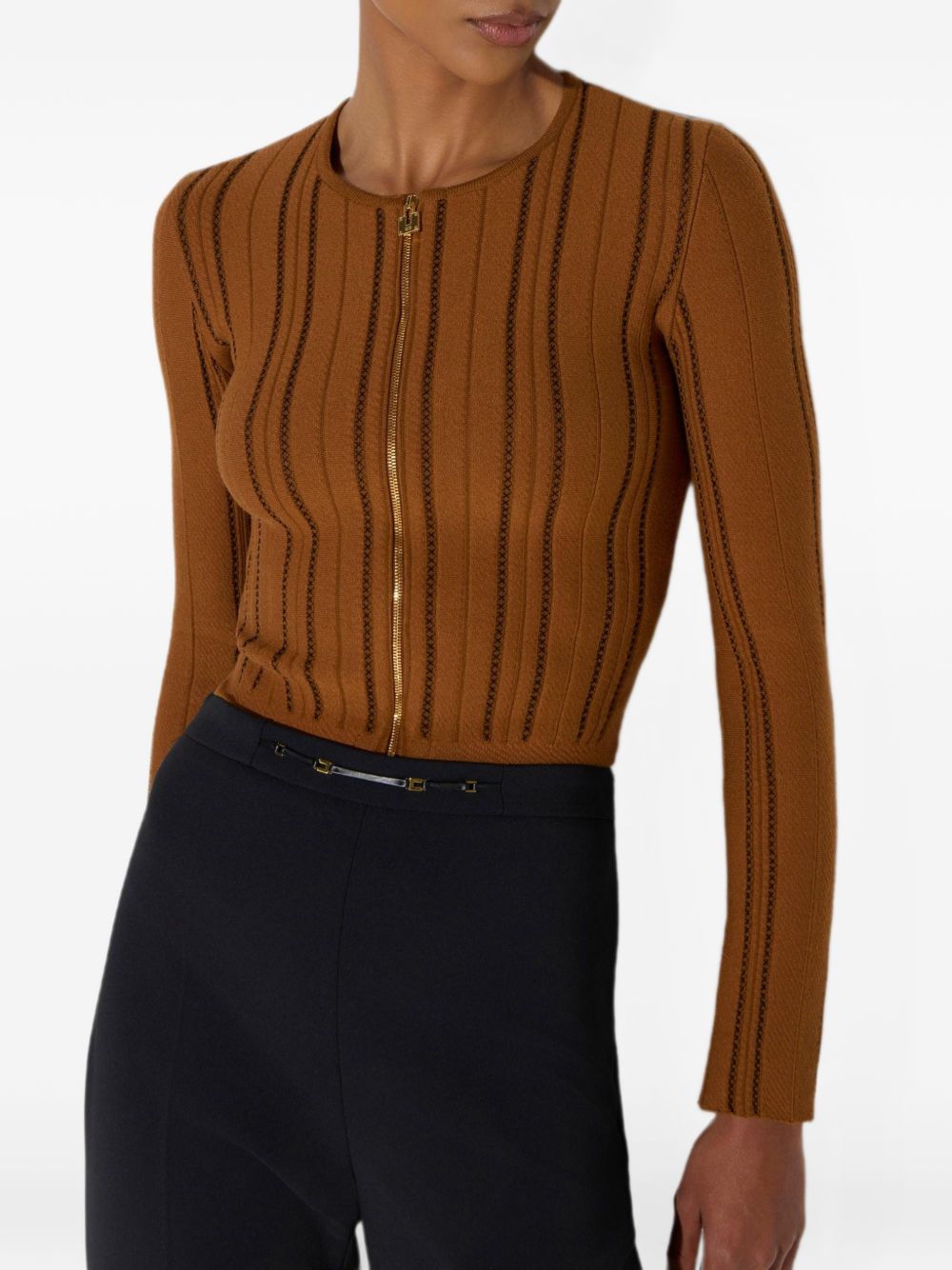 ELISABETTA FRANCHI Cardigan girocollo color tabacco con zip dorata 
