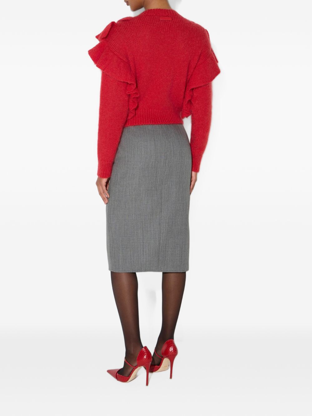 ELISABETTA FRANCHI Maglia in lana mohair rossa con rouches sulle spalle 