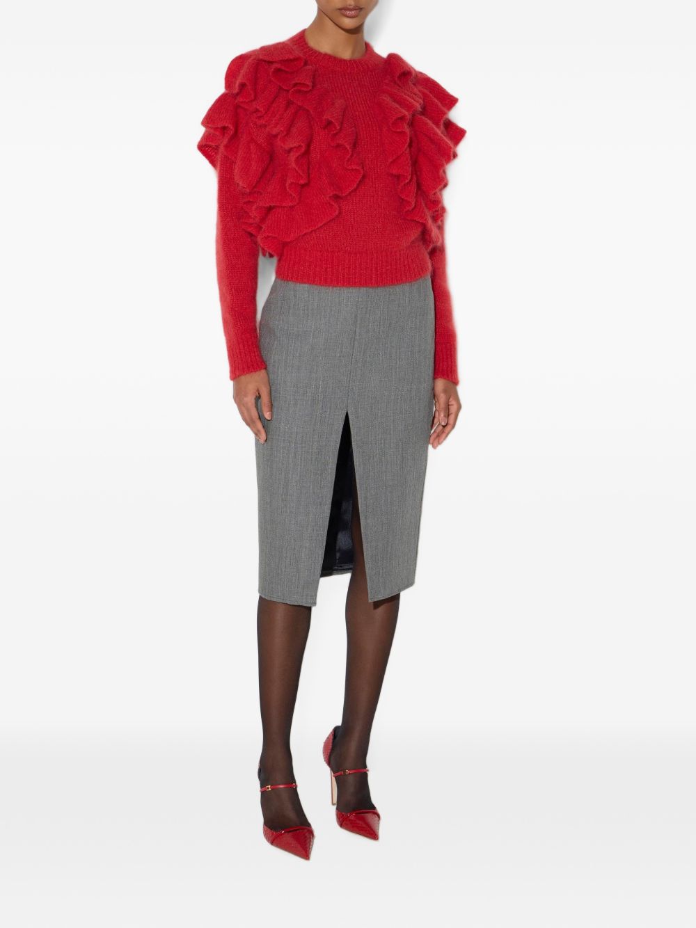 ELISABETTA FRANCHI Maglia in lana mohair rossa con rouches sulle spalle 