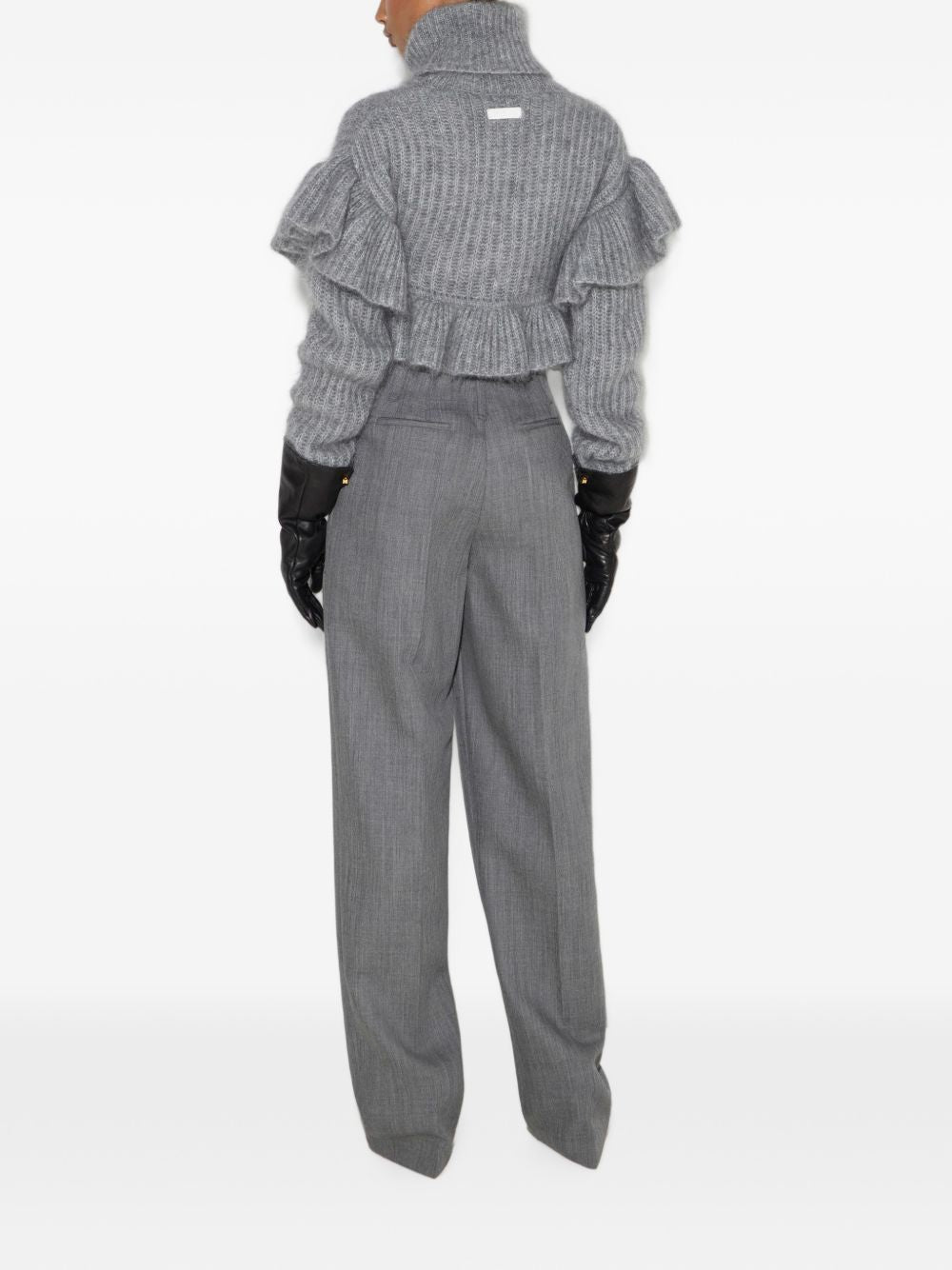ELISABETTA FRANCHI Maglia in lana mohair grigia con rouches sulle spalle 