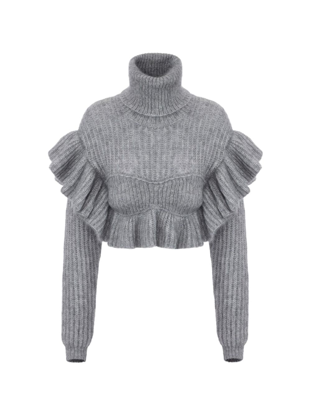 ELISABETTA FRANCHI Maglia in lana mohair grigia con rouches sulle spalle 