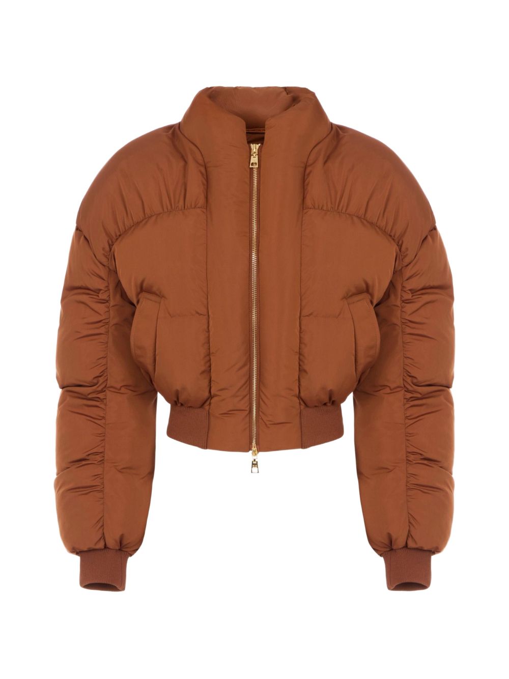 ELISABETTA FRANCHI Piumino bomber corto in vita marrone tabacco con tasche 