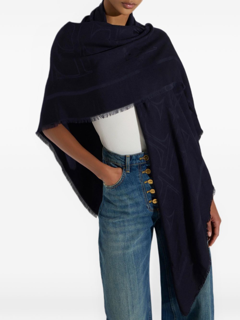 ELISABETTA FRANCHI Sciarpa blu con logo all-over tono su tono 