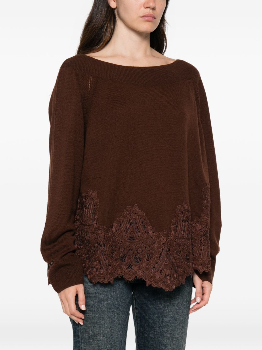 ERMANNO SCERVINO Maglia a maniche lunghe in cashmere marrone con orlo in pizzo 