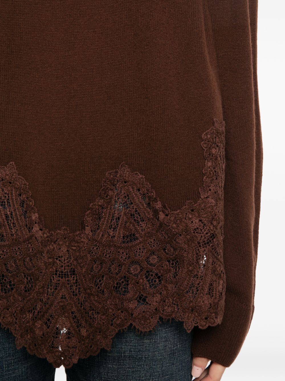 ERMANNO SCERVINO Maglia a maniche lunghe in cashmere marrone con orlo in pizzo 