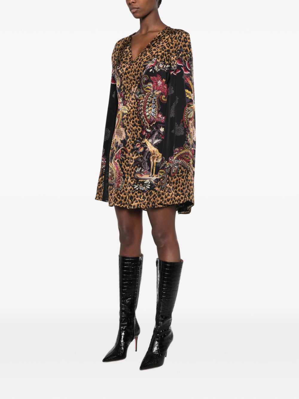 ETRO Abito corto fantasia con scollo a V e maniche lunghe aperte 