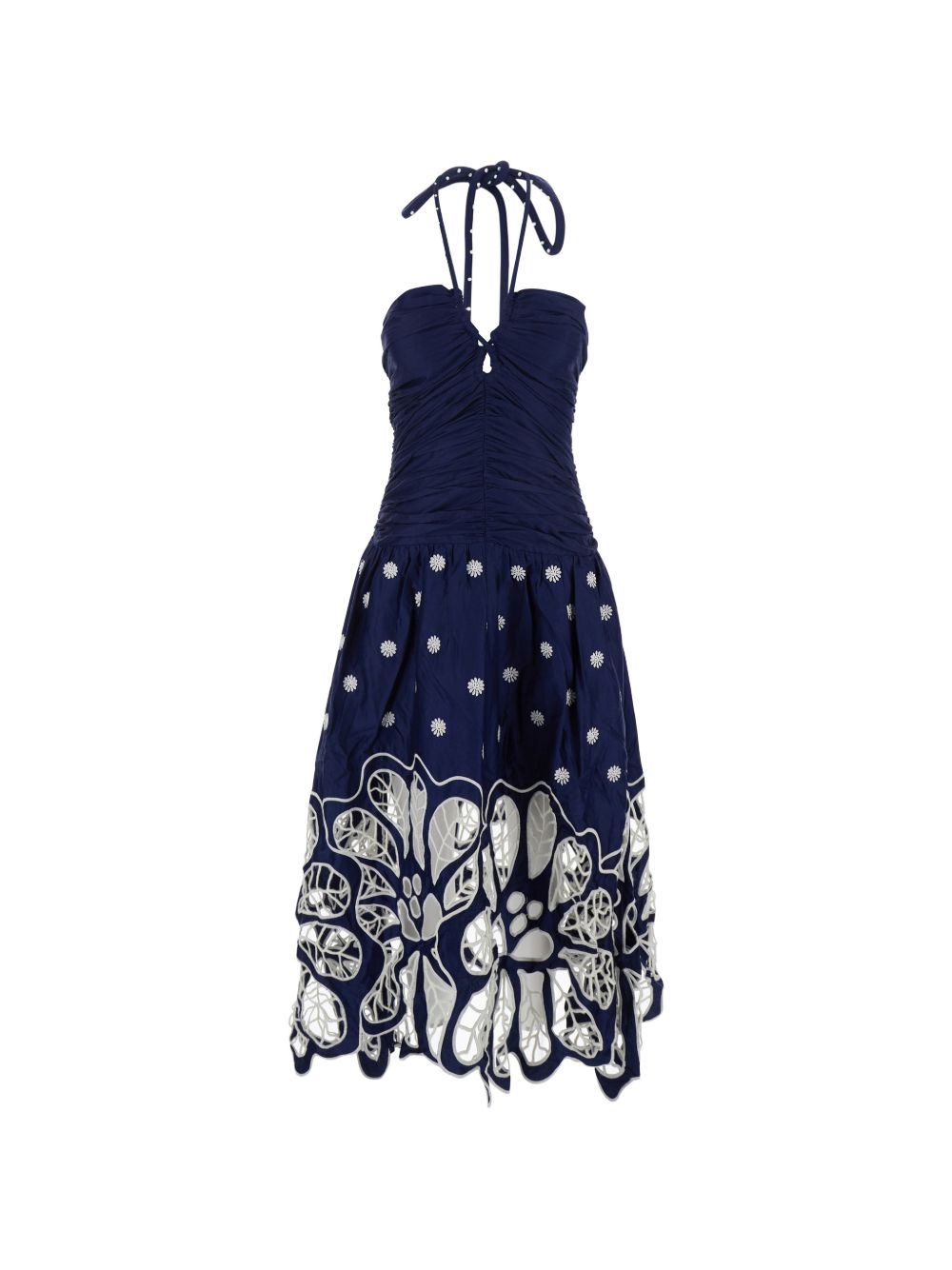 FARM RIO Abito midi blu con ricami floreali bianchi in overlay 