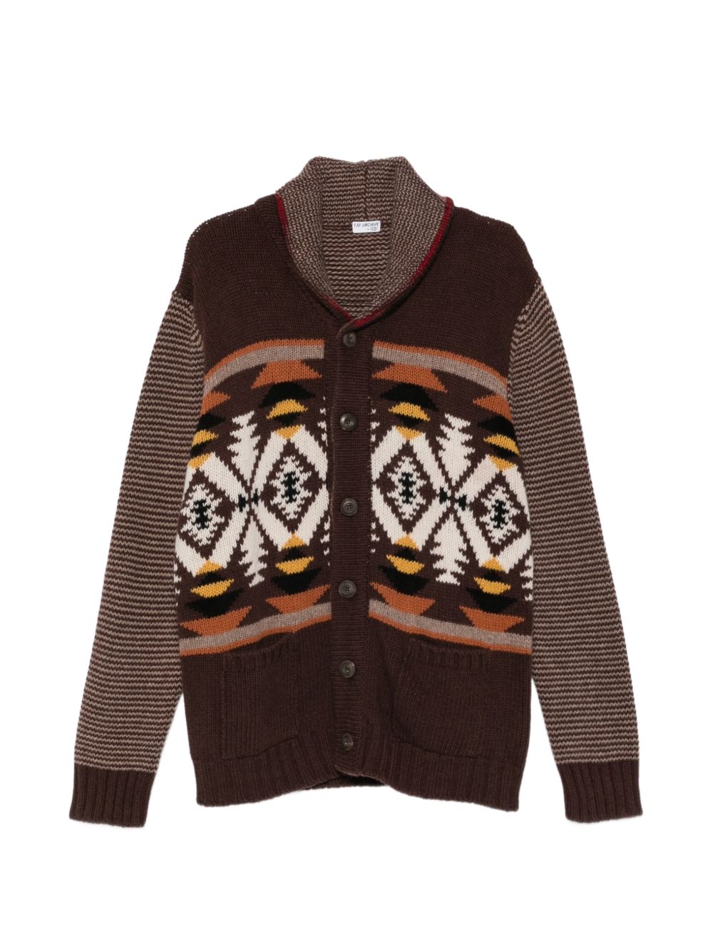 FAY Cardigan in maglia di lana marrone con fantasia etnica 