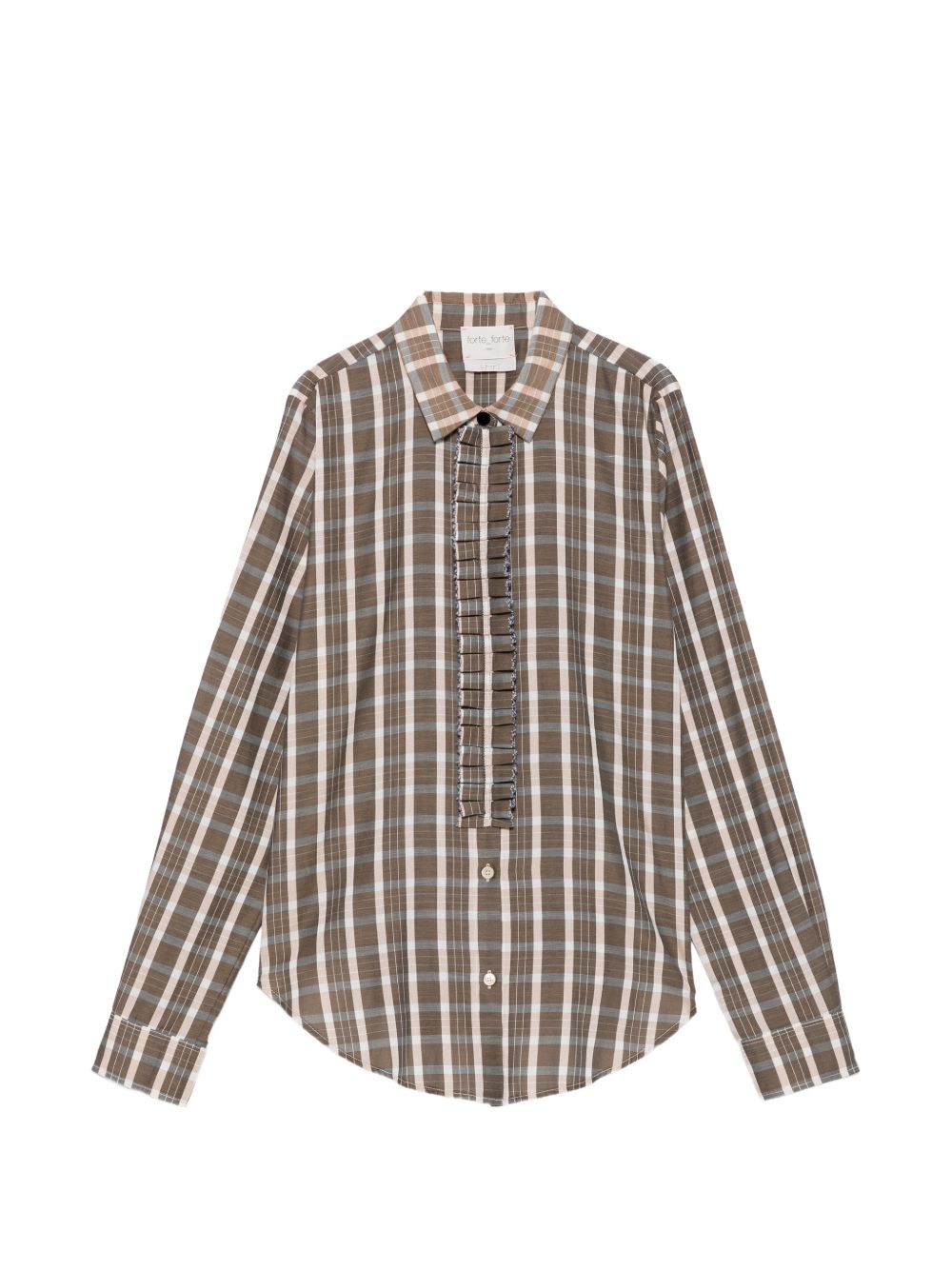 FORTE FORTE Camicia marrone a quadretti con ruches sul petto 