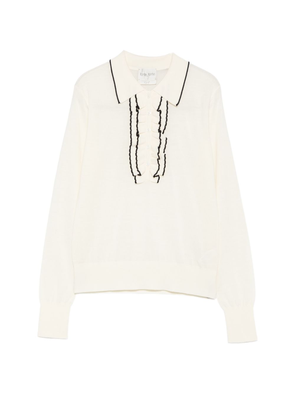 FORTE FORTE Polo My Knit bianca in lana con ruches e bordi neri 