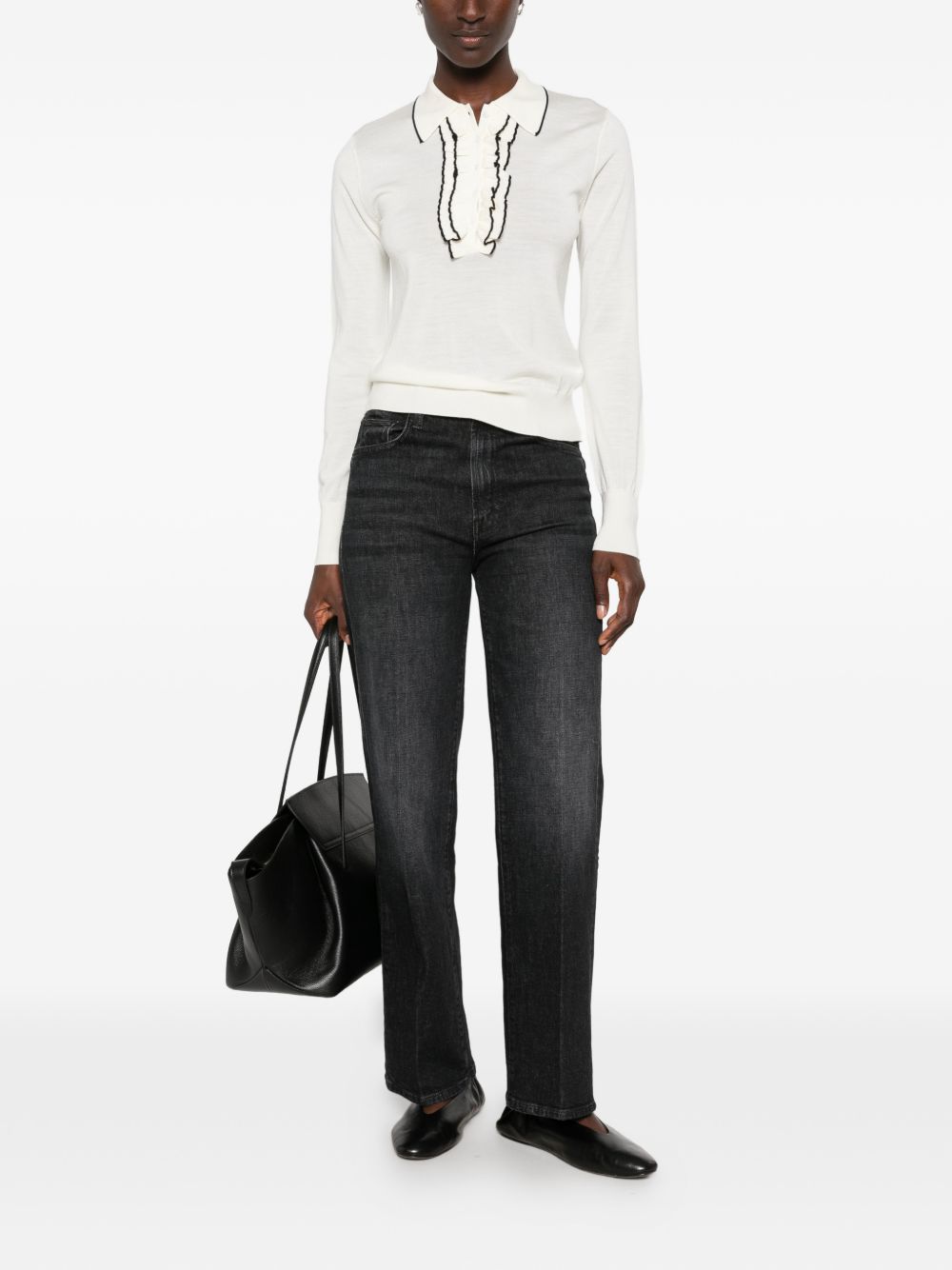 FORTE FORTE Polo My Knit bianca in lana con ruches e bordi neri 
