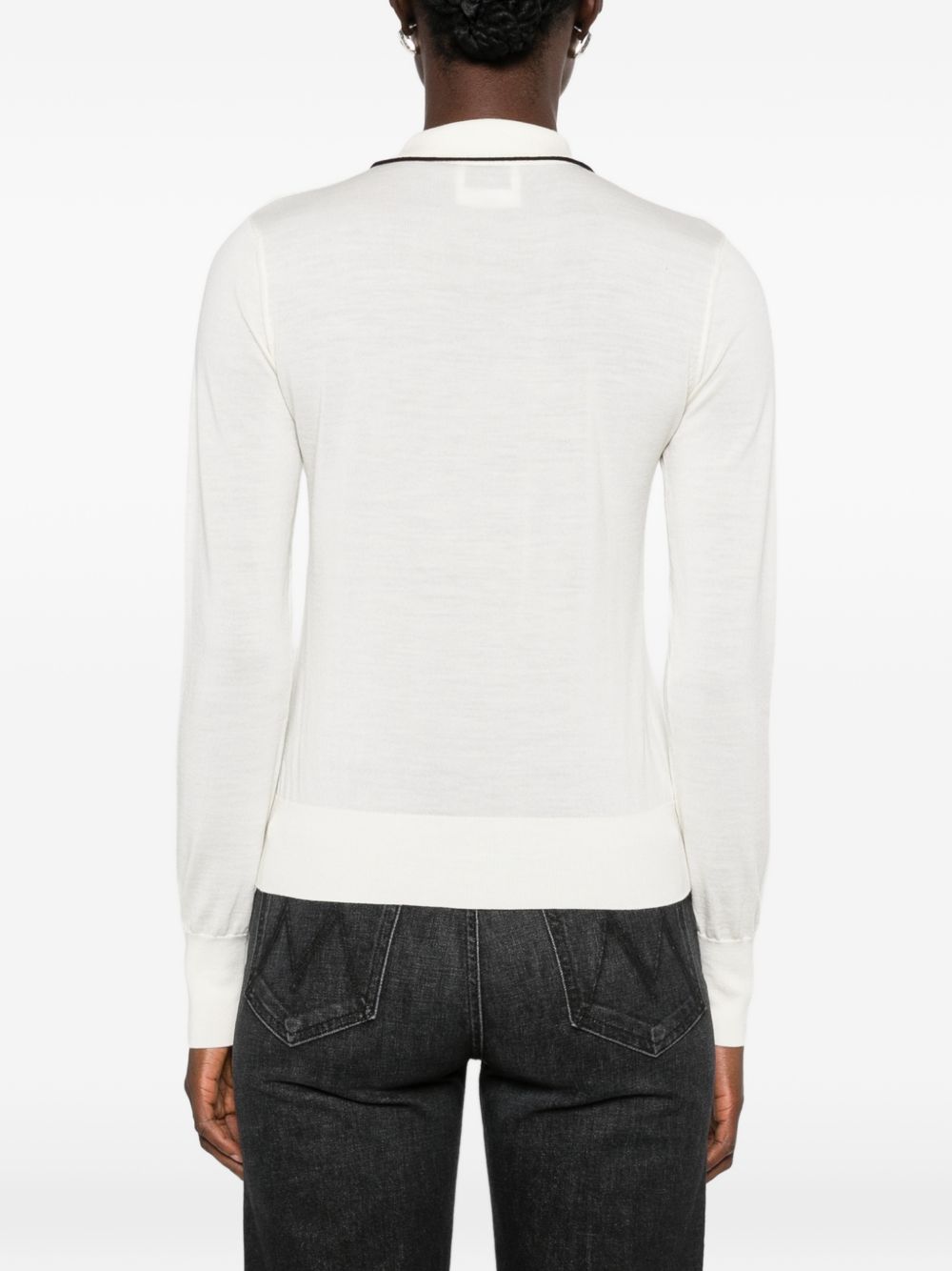 FORTE FORTE Polo My Knit bianca in lana con ruches e bordi neri 