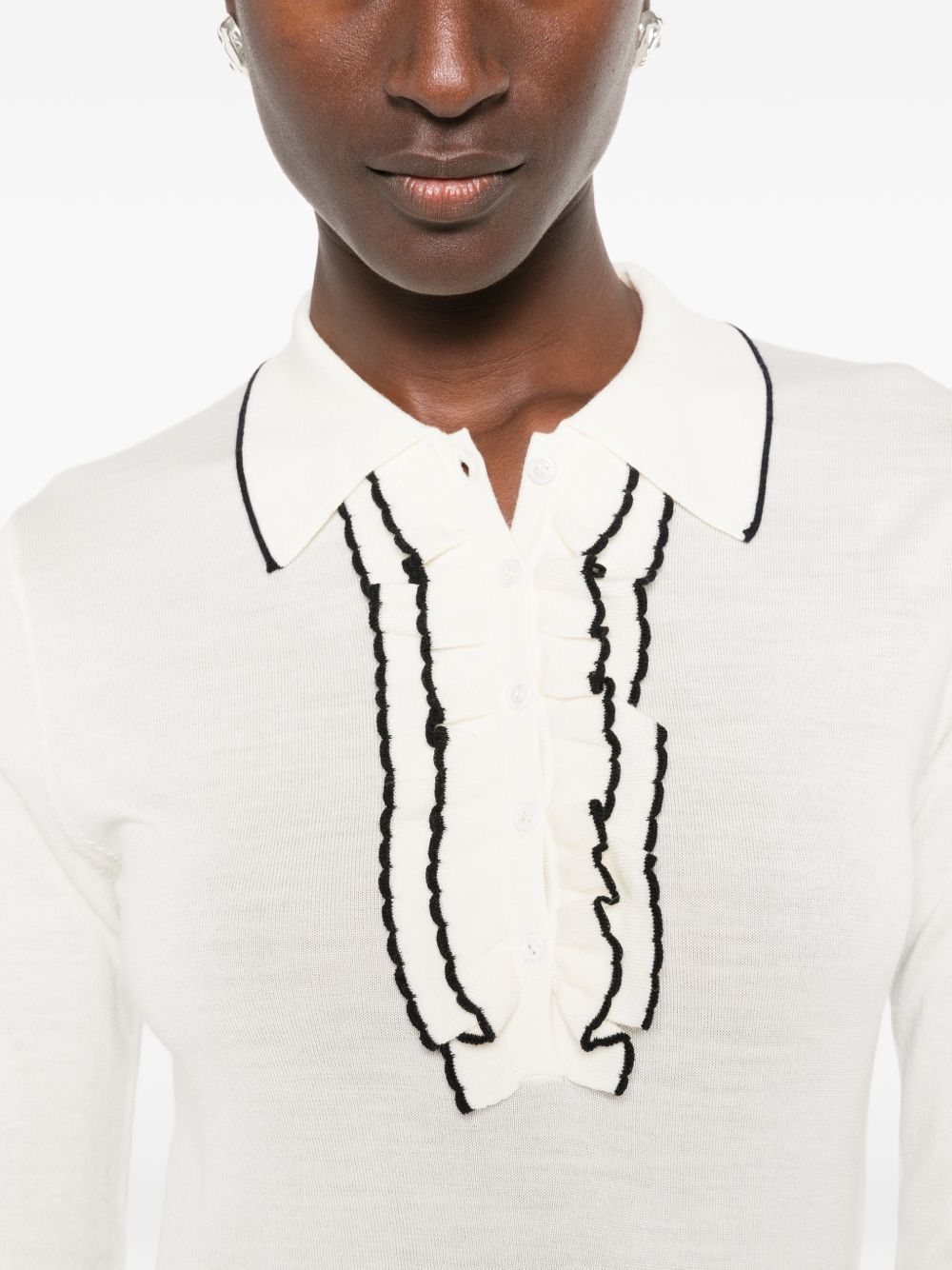 FORTE FORTE Polo My Knit bianca in lana con ruches e bordi neri 