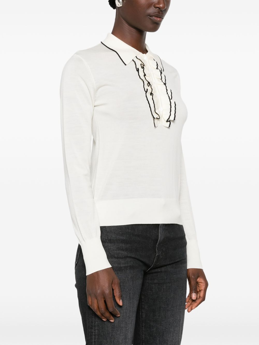 FORTE FORTE Polo My Knit bianca in lana con ruches e bordi neri 