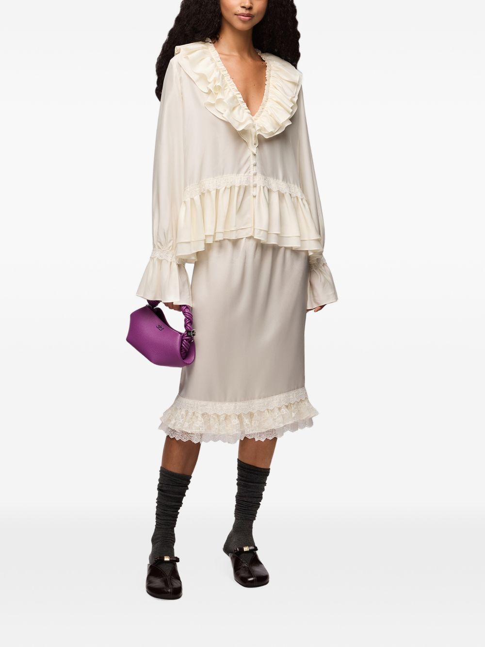 GANNI Blusa Egret in Viscosa e Seta 