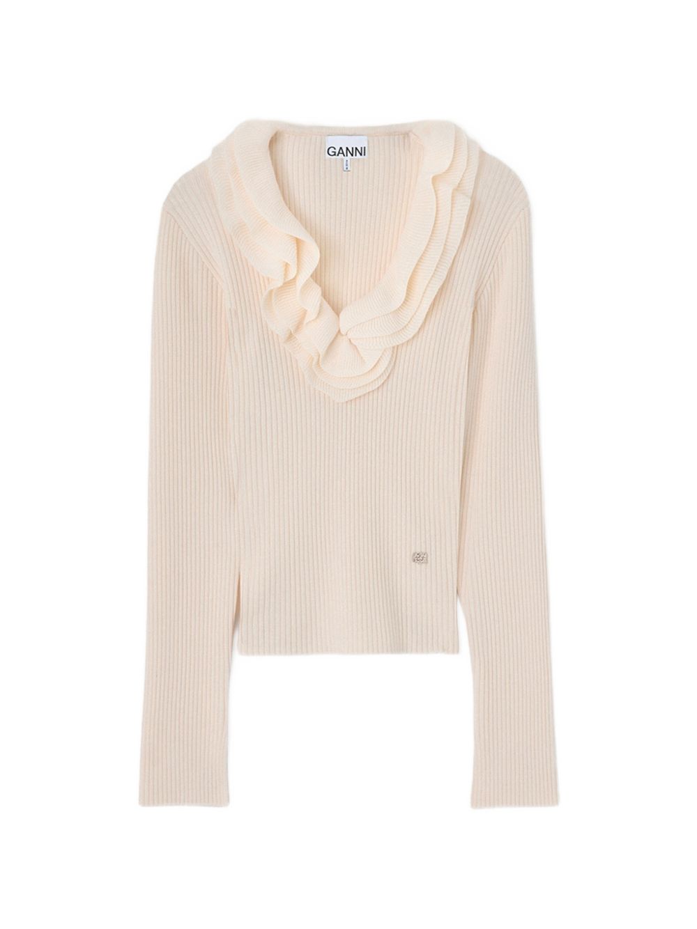 GANNI Maglia a coste con volant beige 